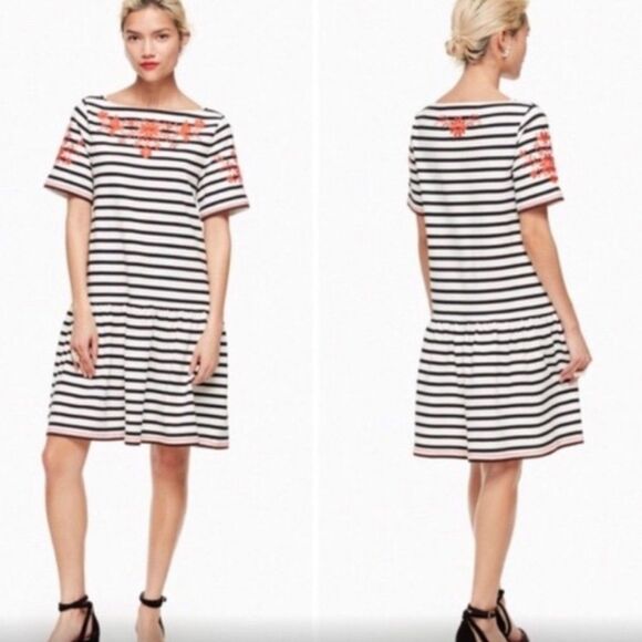 Kate Spade Broom Street Striped Floral Embroidery Drop Waist Ruffle Hem Dress S - Picture 1 of 9